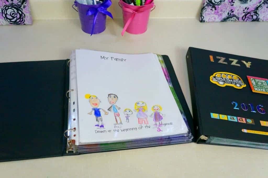 A binder holds a child's drawing of her family at the beginning of Grade 2. 