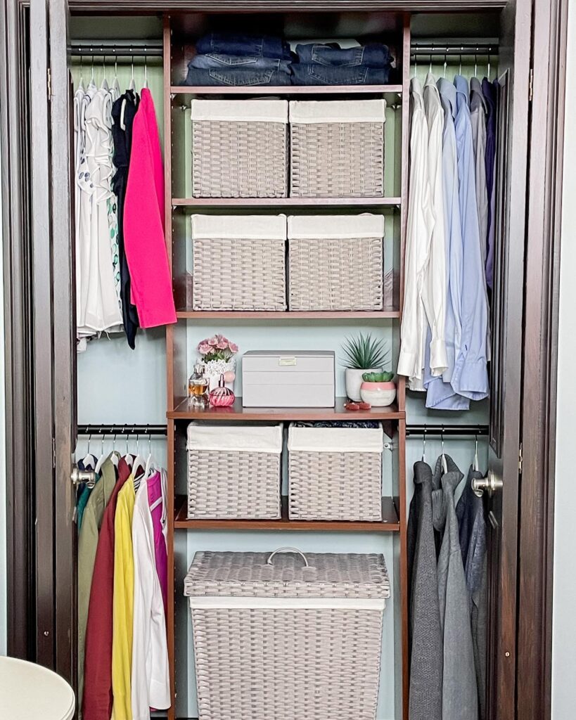 Tall shelves create more storage and division in a shared closet..